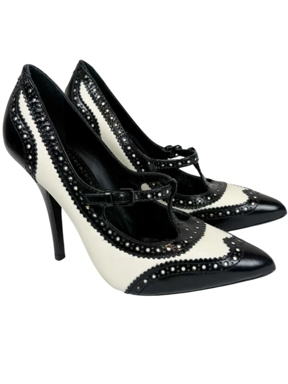 Tory Burch Black/White Brogue Leather Everly Pointed Toe Pumps Size 9